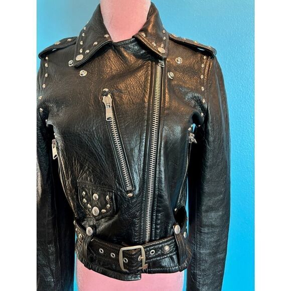 NWOT Made in the USA RE/DONE Black Leather MOTO Jacket Grommets Belt Pockets S - Picture 15 of 16